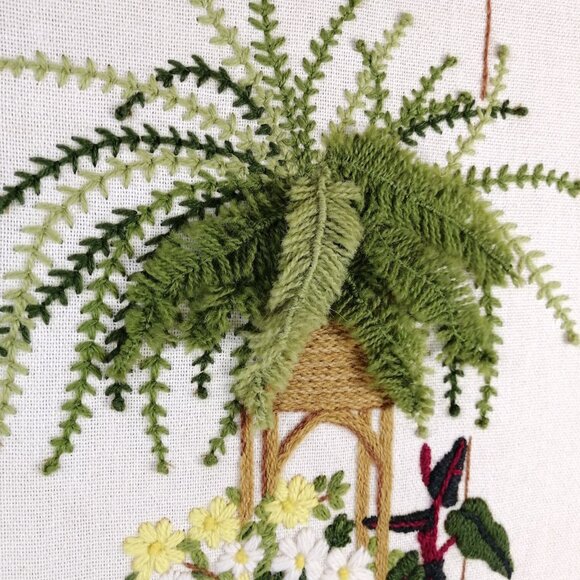 Vintage Finished Crewel Embroidery MCM 3D Fern Flowers Sunset 1975 16x20 Inches - Picture 5 of 11